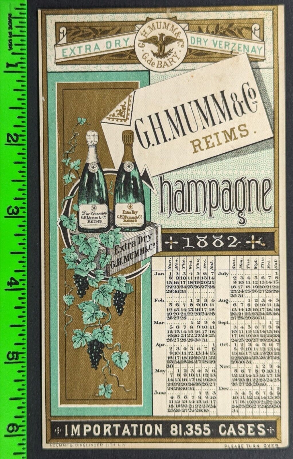 Vintage 1882 Champagne Wine List Calendar Trade Card