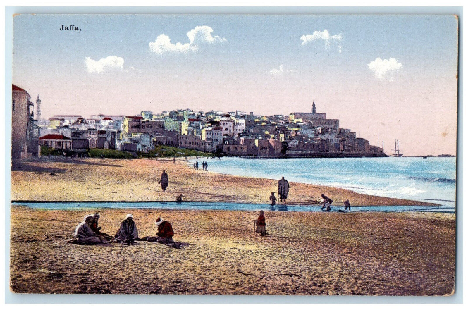 c1910 Scene of People in Sand Sea Waves Jaffa Tel Aviv-Yafo Israel Postcard