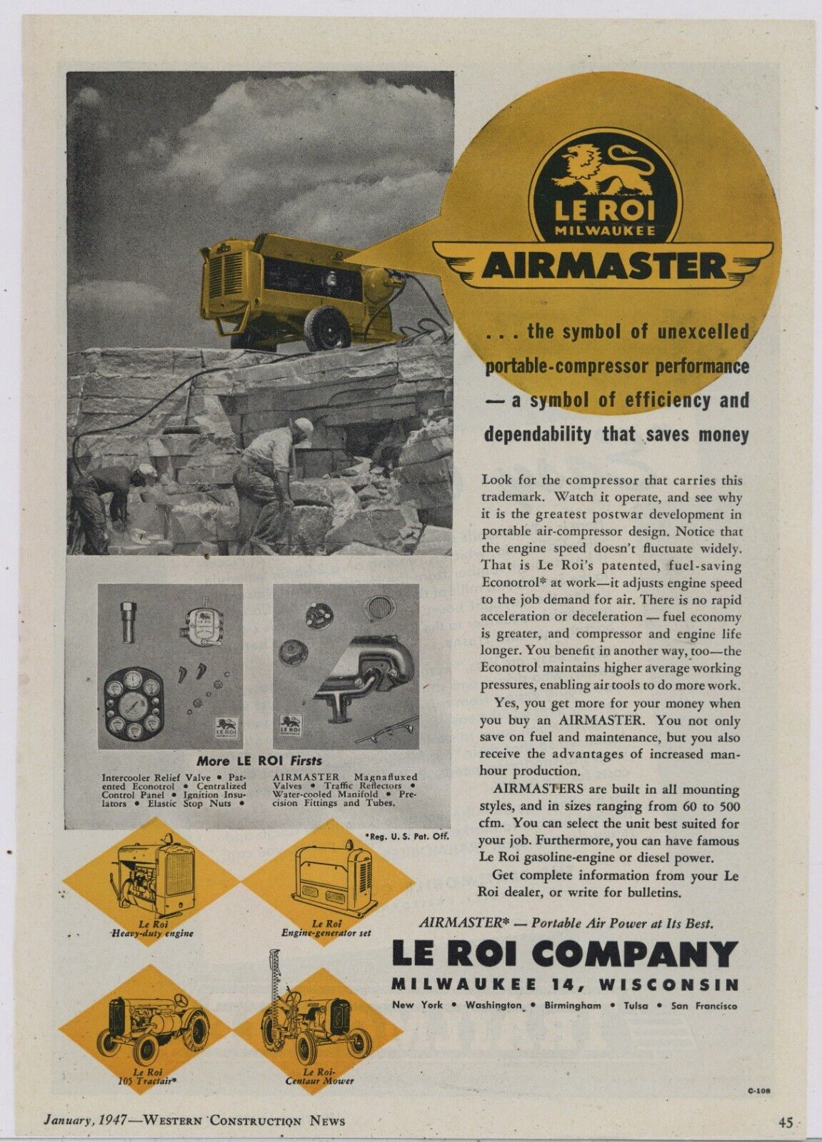 1947 Le Roi Co. Ad: Airmaster Portable Air Compressor - Milwaukee, Wisconsin