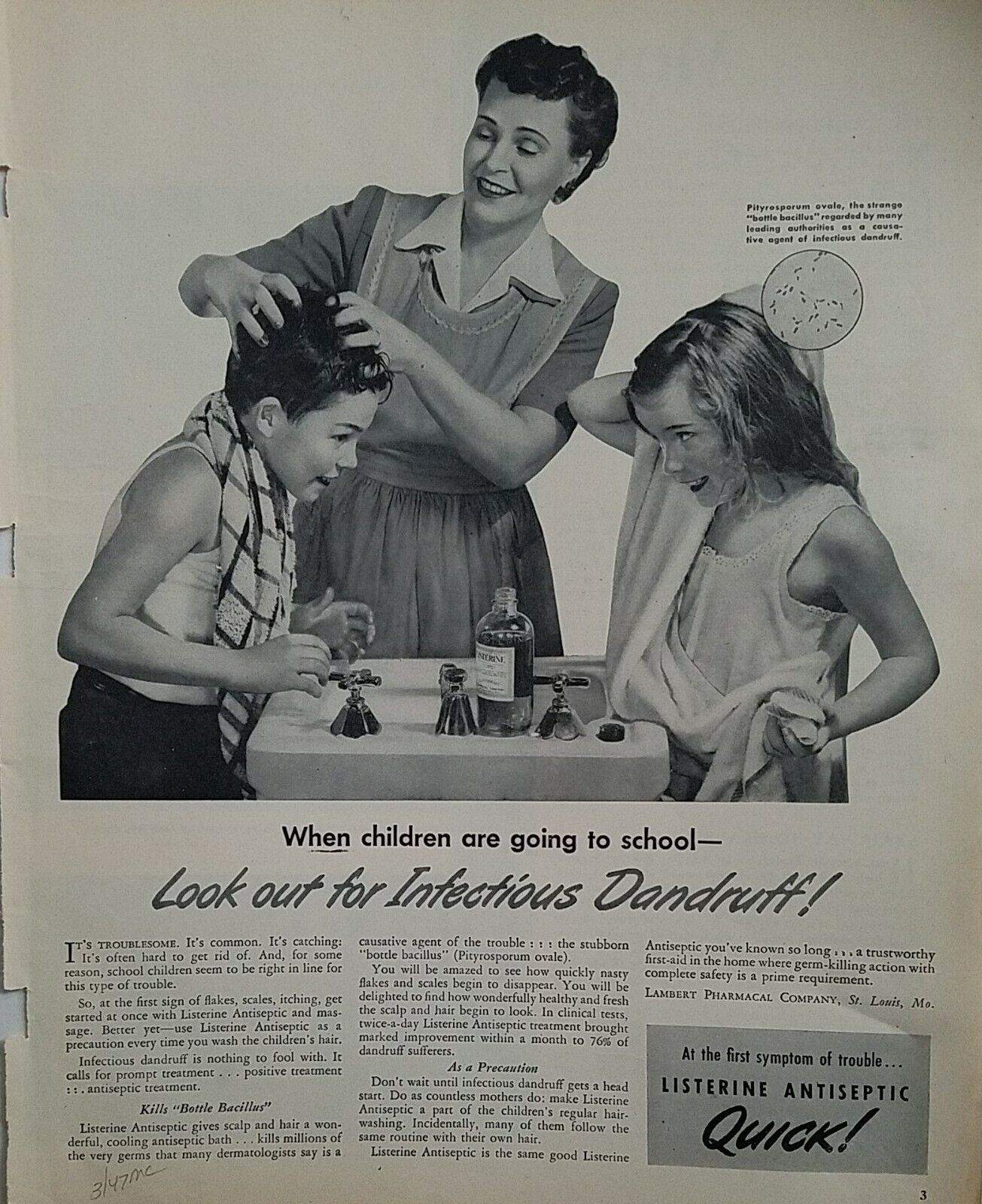 1947 Listerine antiseptic mother washing boys girls hair school children ad