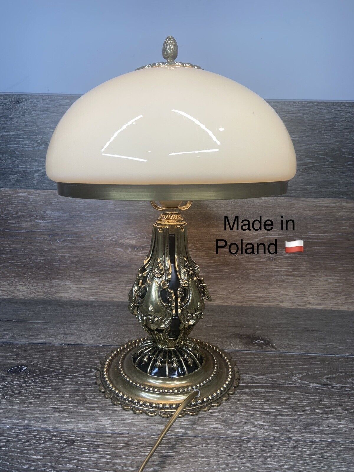 Art Deco Lamp Ornate Gold Gilded Polished Brass Mashroom Glass Shade 17.5” Tall