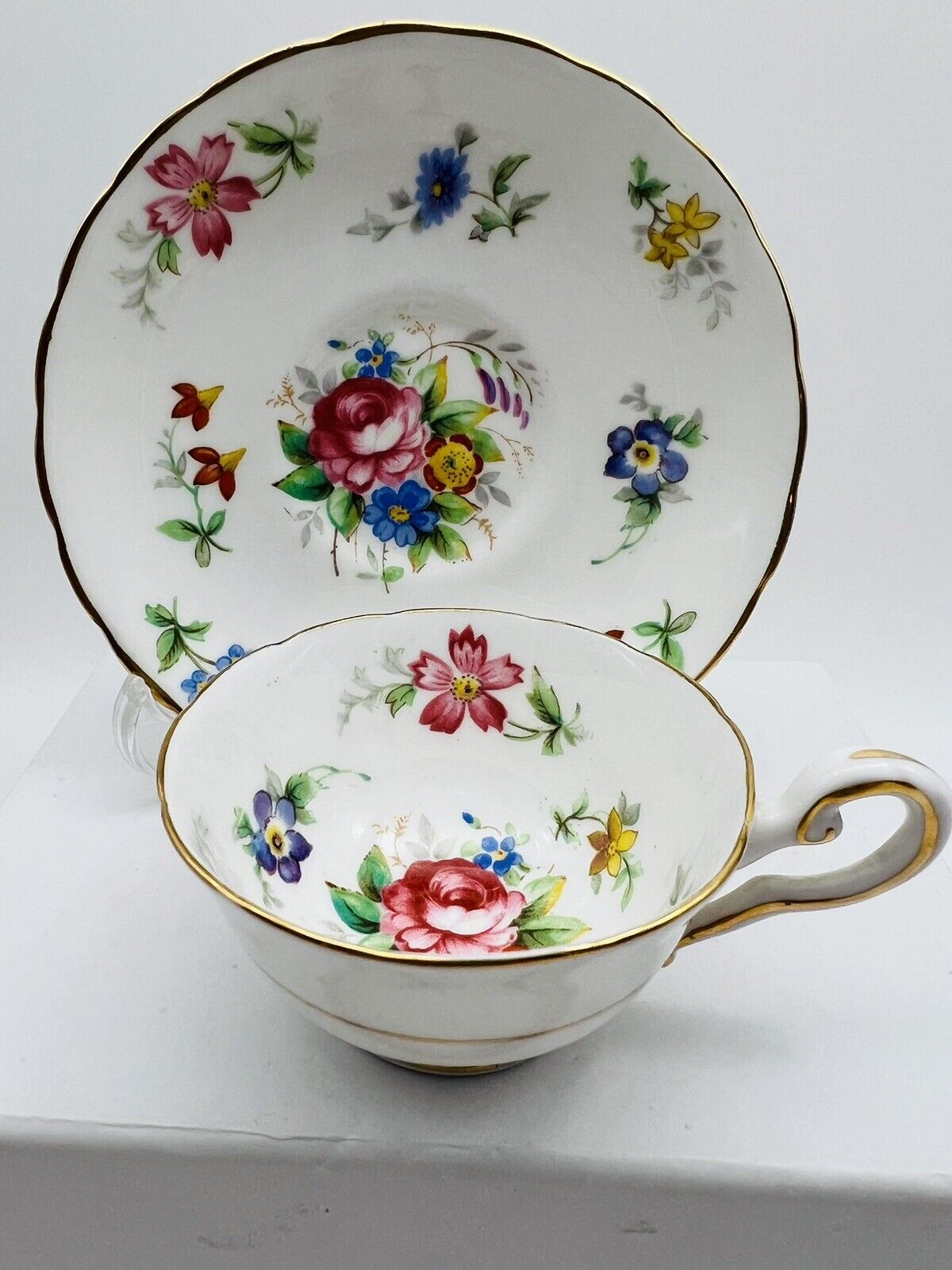 Royal Tuscan Teacup and Saucer Bouquet Made in England Vtg Bone China Demitasse