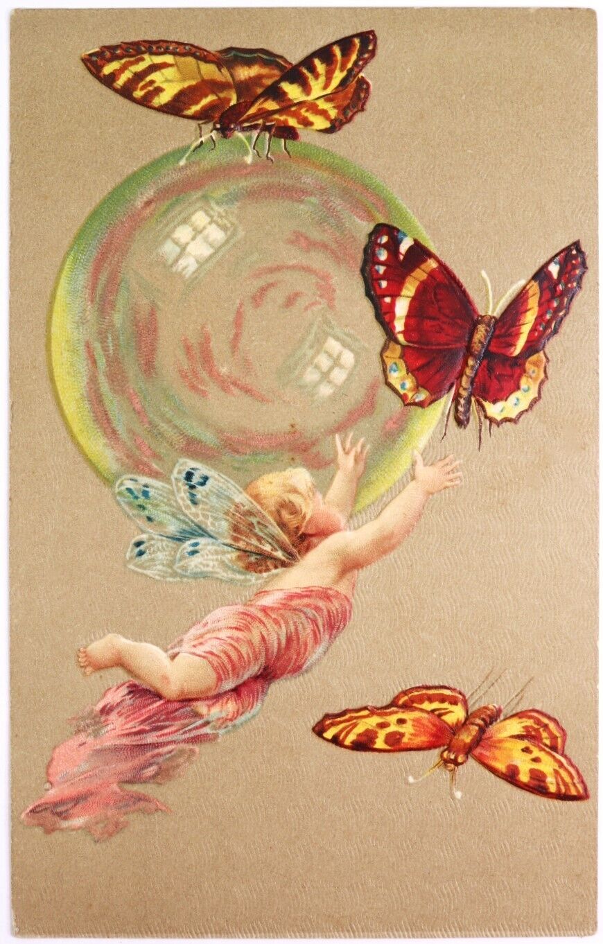 1909 Beautiful Fairy Chasing Butterflies Nicely Designed Embossed Postcard