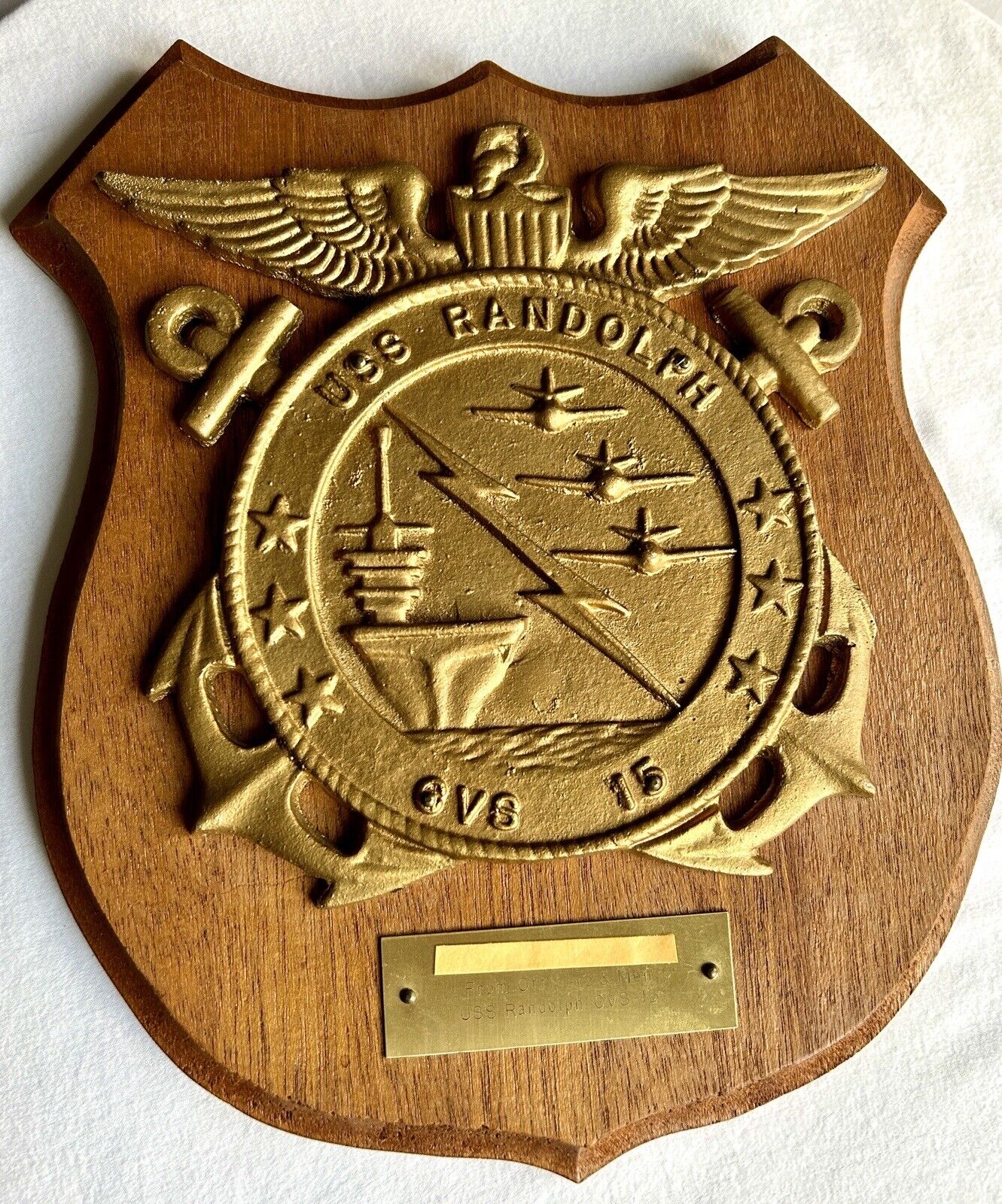 Lg, Heavy Antique USS Randolph Cast Brass Presentation Plaque, US Navy, 1960s