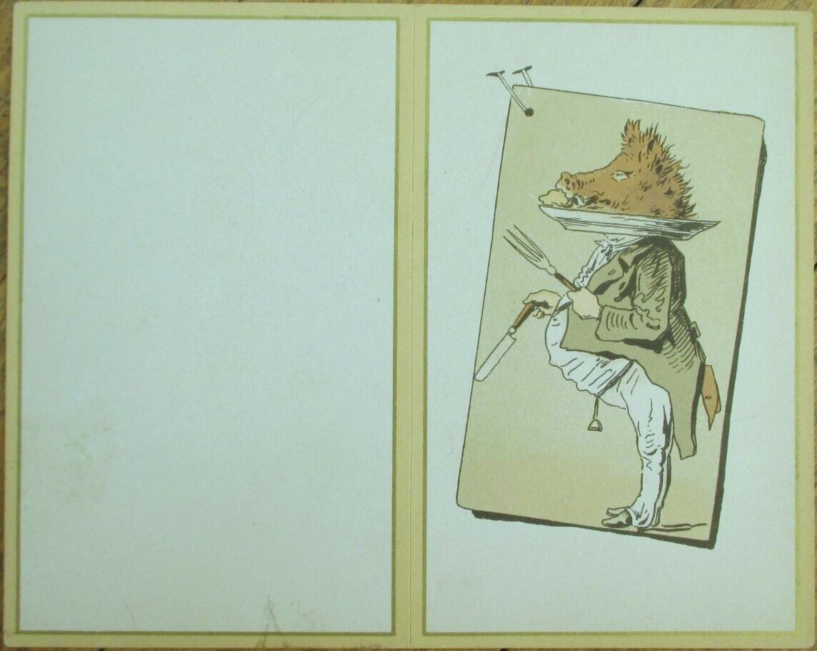 French Menu Blank 1890 Dressed Wild Boar Head on Platter, Color Litho