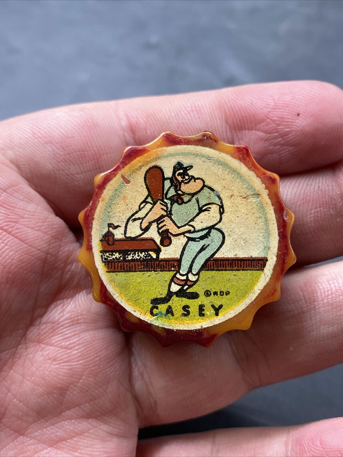 Vintage Bakelite Pencil Sharpener-Casey at the Bat Pop Bottle Cap-Carmel 3-Color