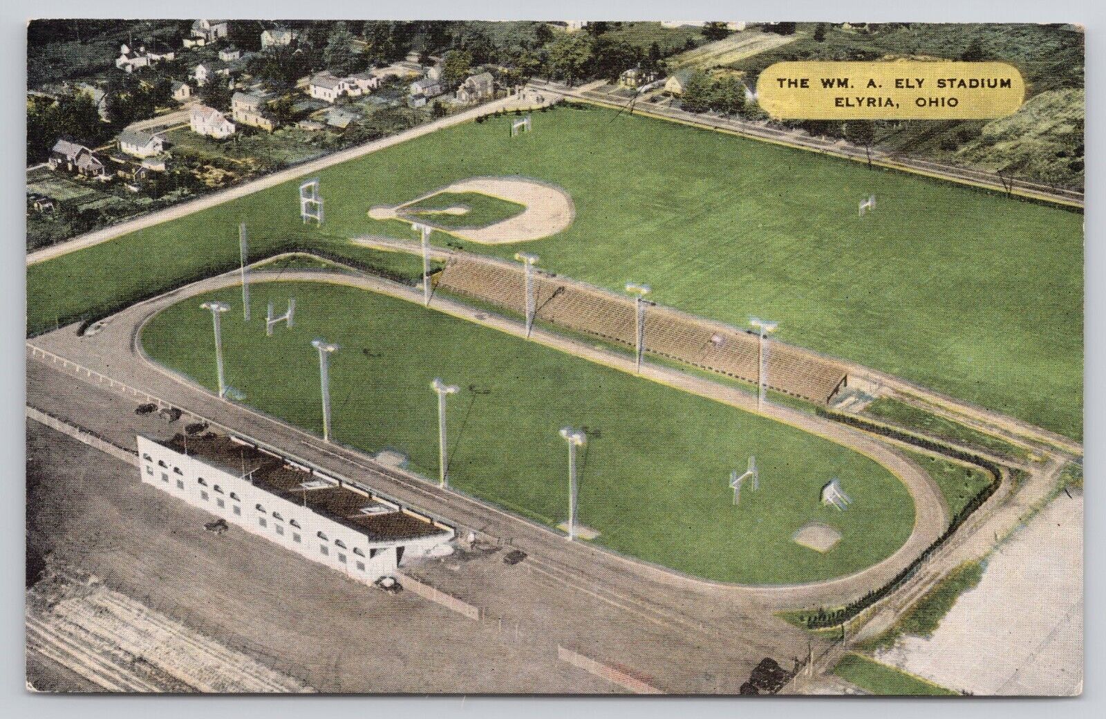 Elyria Ohio OH Aerial View of William A Ely Stadium Football Baseball Postcard
