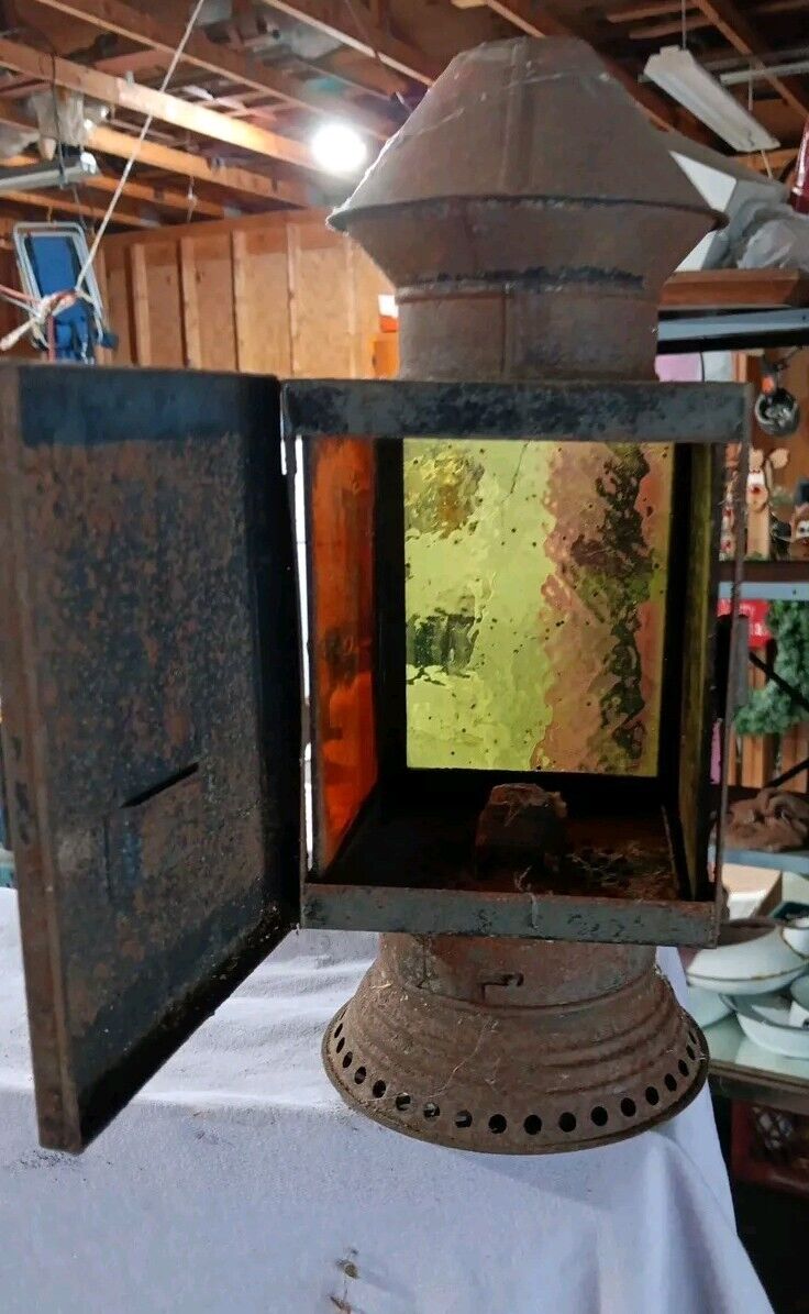 Antique Tin Lantern with three colored glass panels Antique, Rare,
