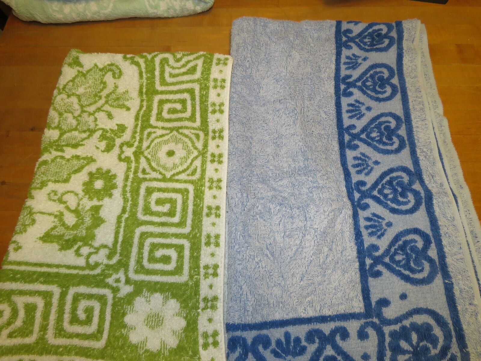 2 Vintage Bath Towels Sears Best Dundee Blue Green Textured Cotton VGC