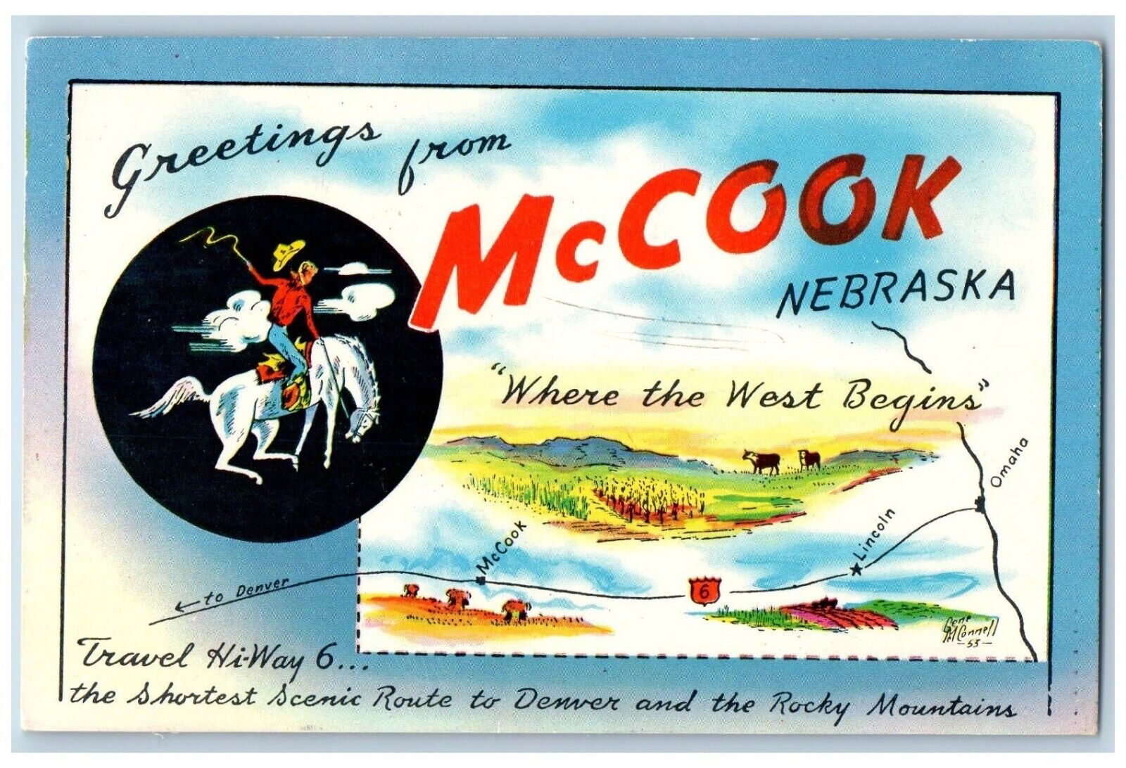 McCook Nebraska NE Postcard Greetings Where The West Begins 1956 Vintage Posted