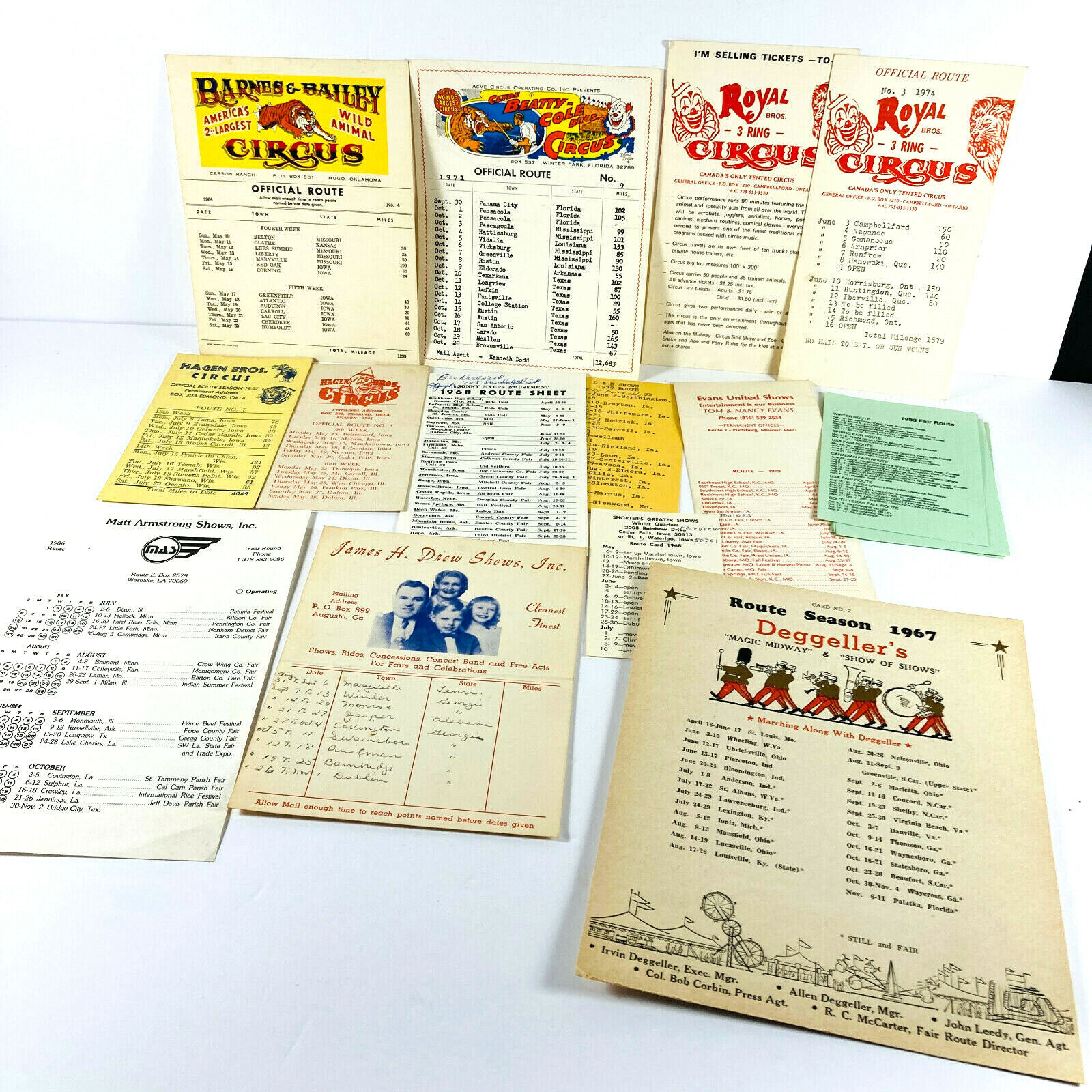 Lot (14) vtg Circus Carnival Schedule Route Cards Barnes Royal James Drew