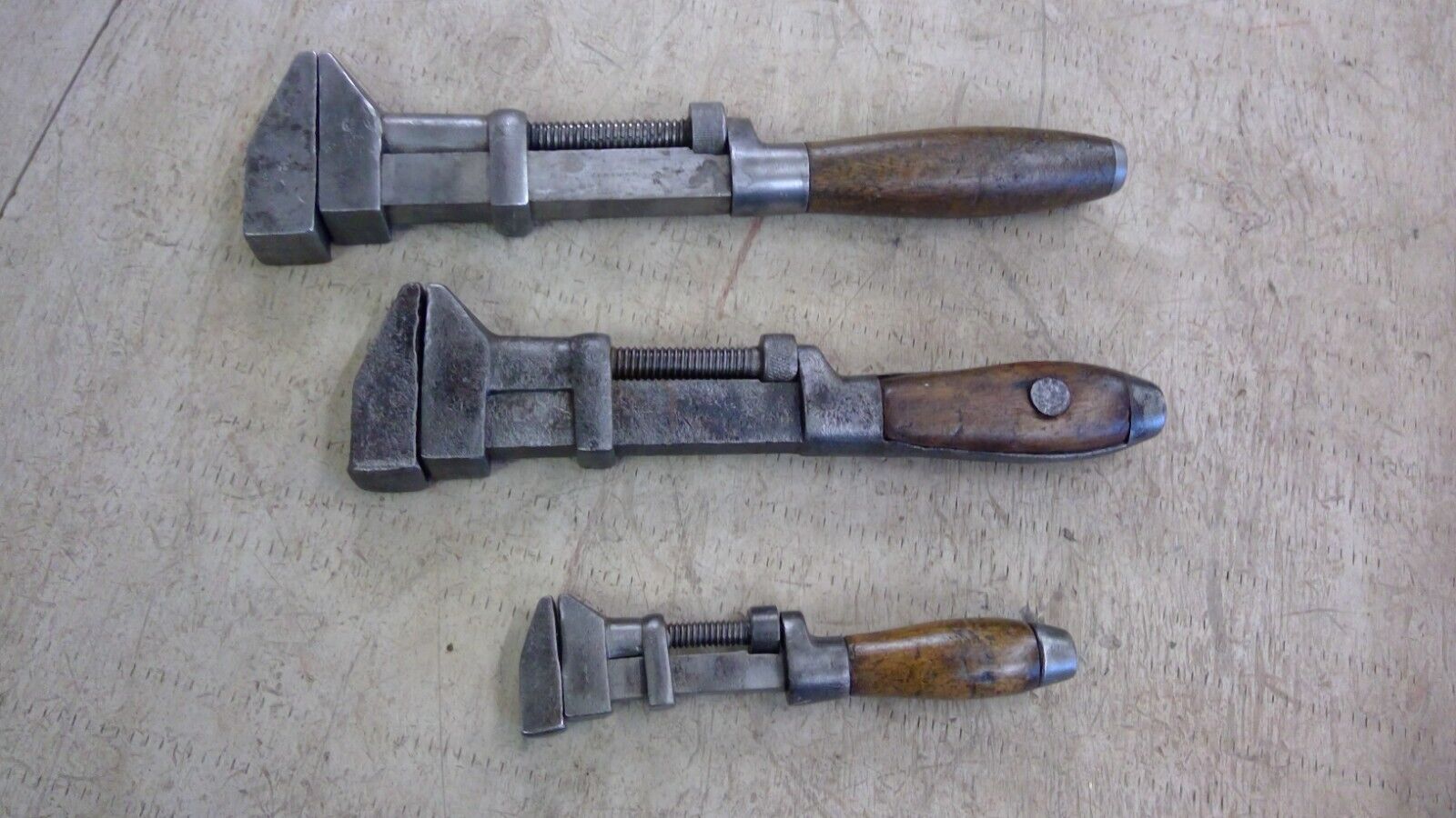 Lot of 3 Antique/Vintage Wood Handle Monkey Wrenches old tools farm