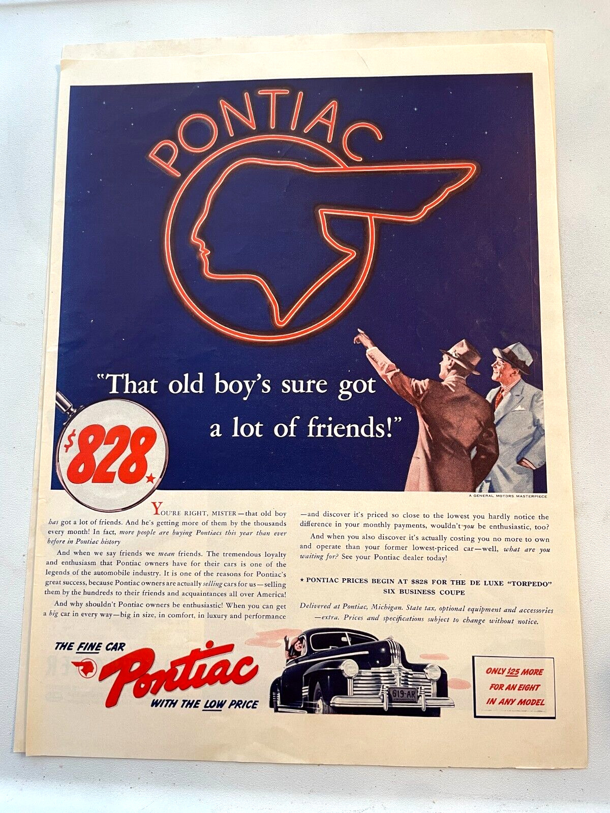 1941 Print Ad Pontiac Neon Sign, Automobile, Men in Hats, Low Price $828 10x13.5
