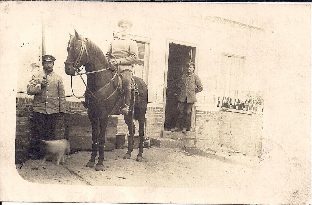 RPPC WWI German Soldiers, Horse, Officer, Feldpost 1915 Pipe, Wine Bottles, Dog