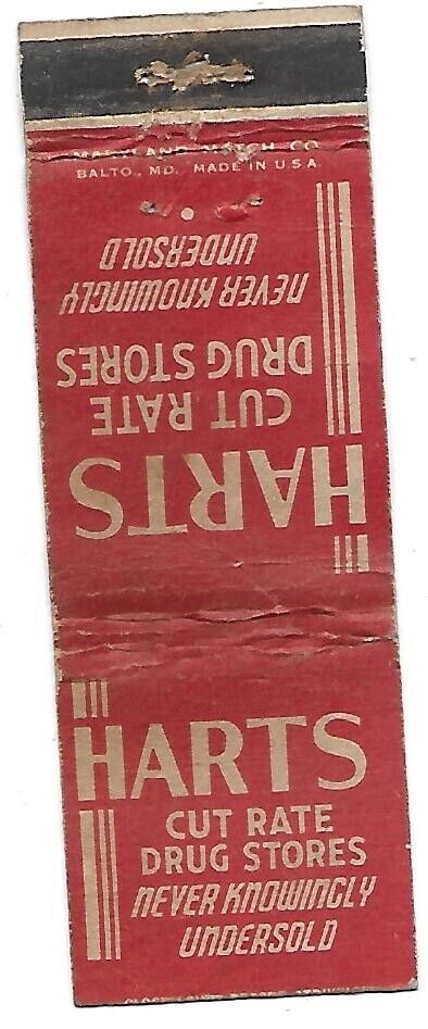 Vintage Harts Cut Rate Drug Stores Matchbook Cover