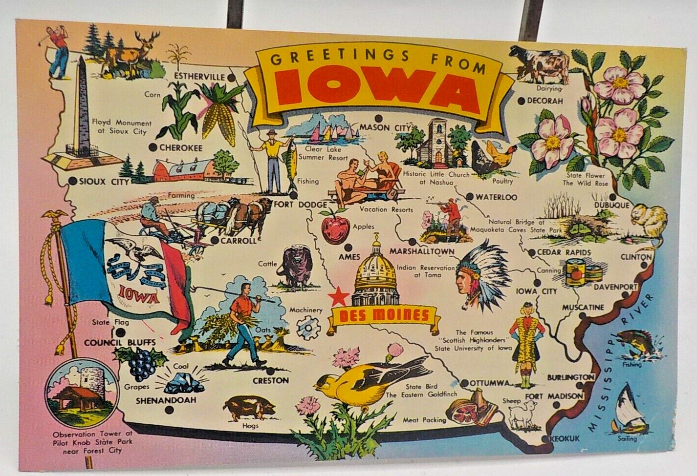 1960 Pictorial Tourist Landmark Map Greetings From Iowa Postcard Hawkeye State