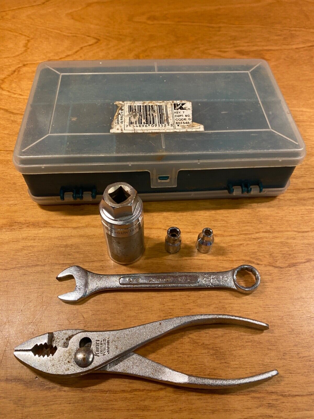 Vintage 6-pc KMART Tool Set,  Tool/Tackle Box, Sockets, Pliers, Wrench, Japan