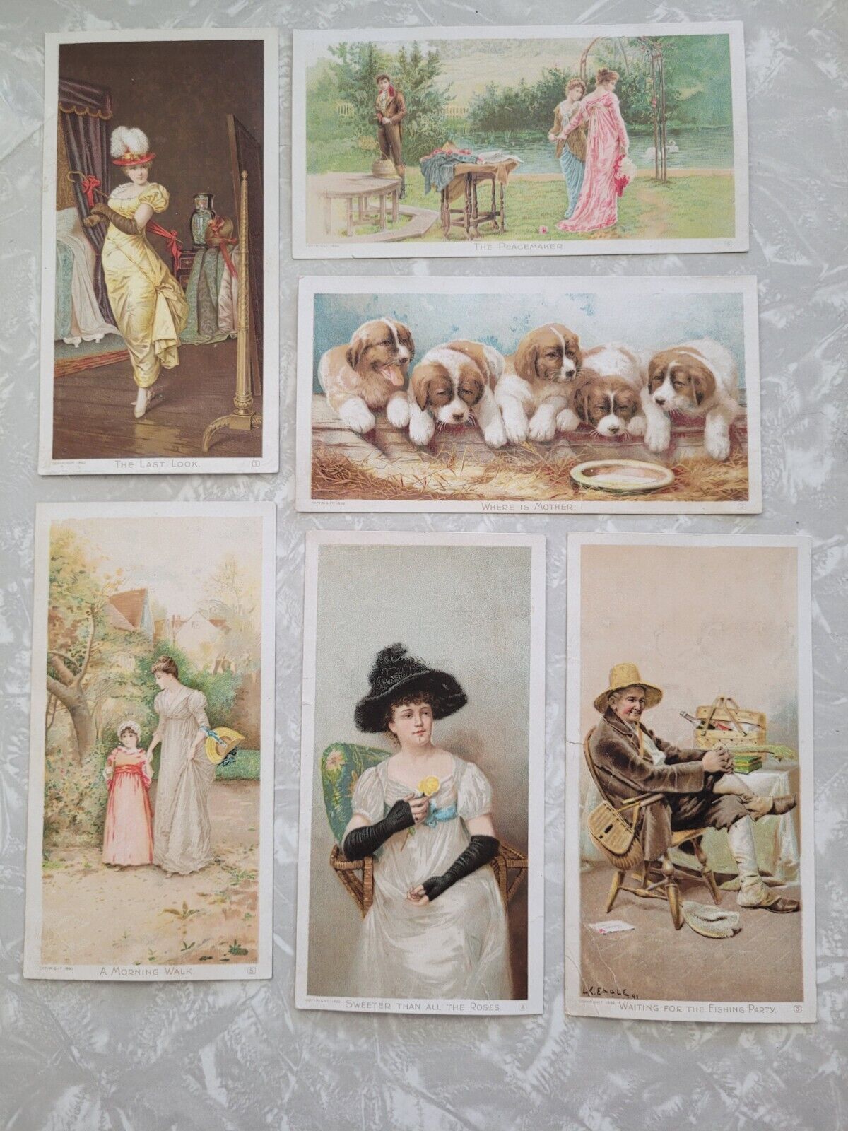 1892 Victorian Trade Cards, Newsboy Plug Tobacco. Lot of 6, puppies, fishing....