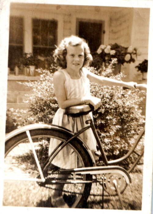 Vintage Photo 1940s, Young Girl W/ Bike Front Yard, 3.5x2.5 Black White