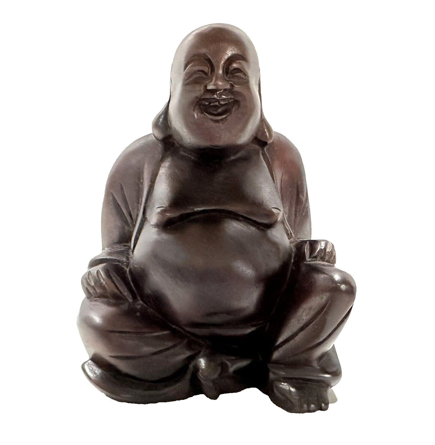 Vintage Buddha Laughing Wooden Figure Sitting 6 Inches Tall Carved Sculpture