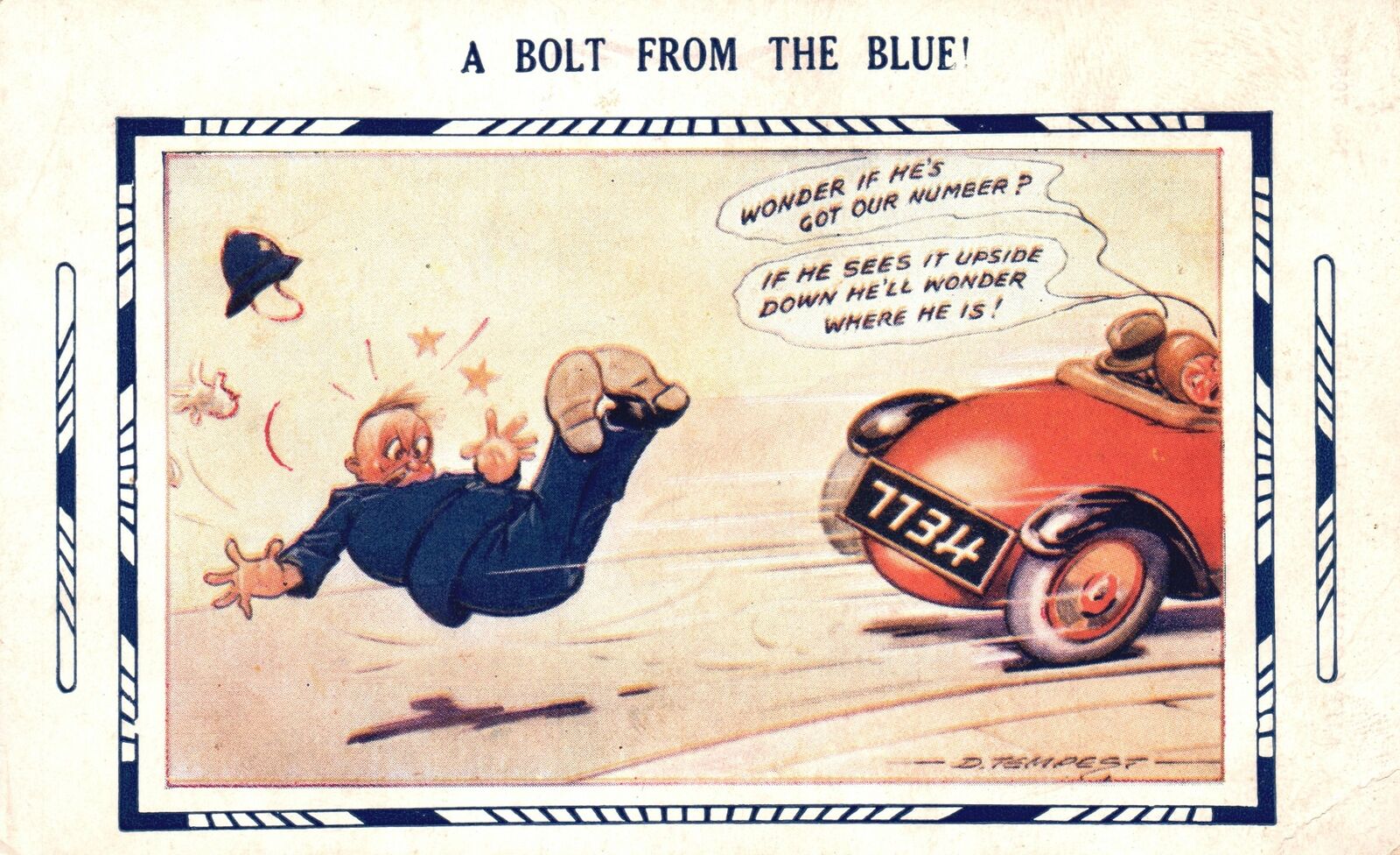 Vintage Postcard A Bolt From The Blue Man Hit By The Red Car Comic Accident