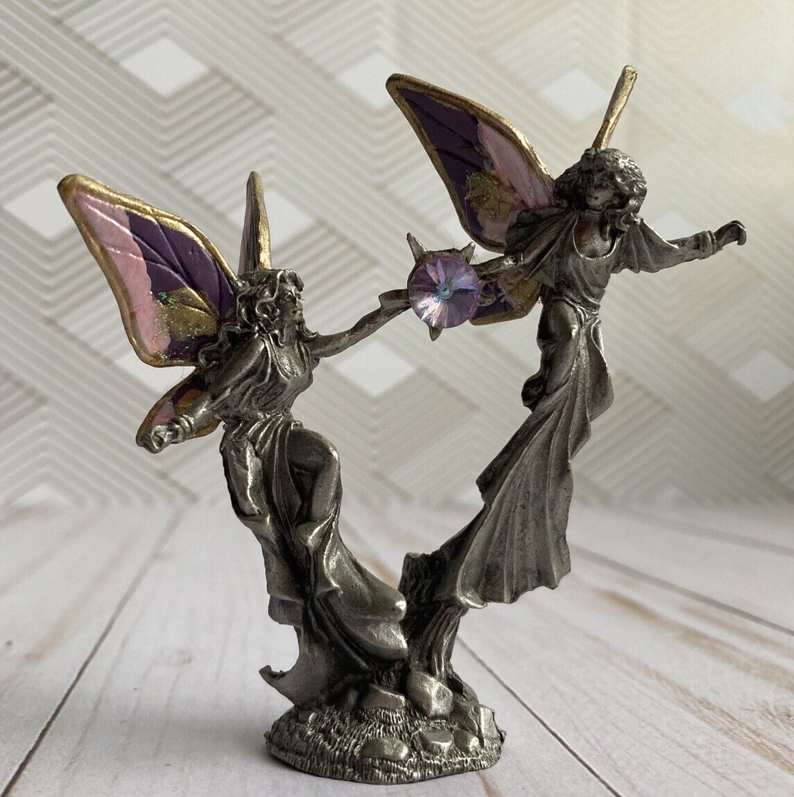 1993 Gallo Ridolfi Pewter Fairies Figurine Pink And Purple Crystal Two Fairies