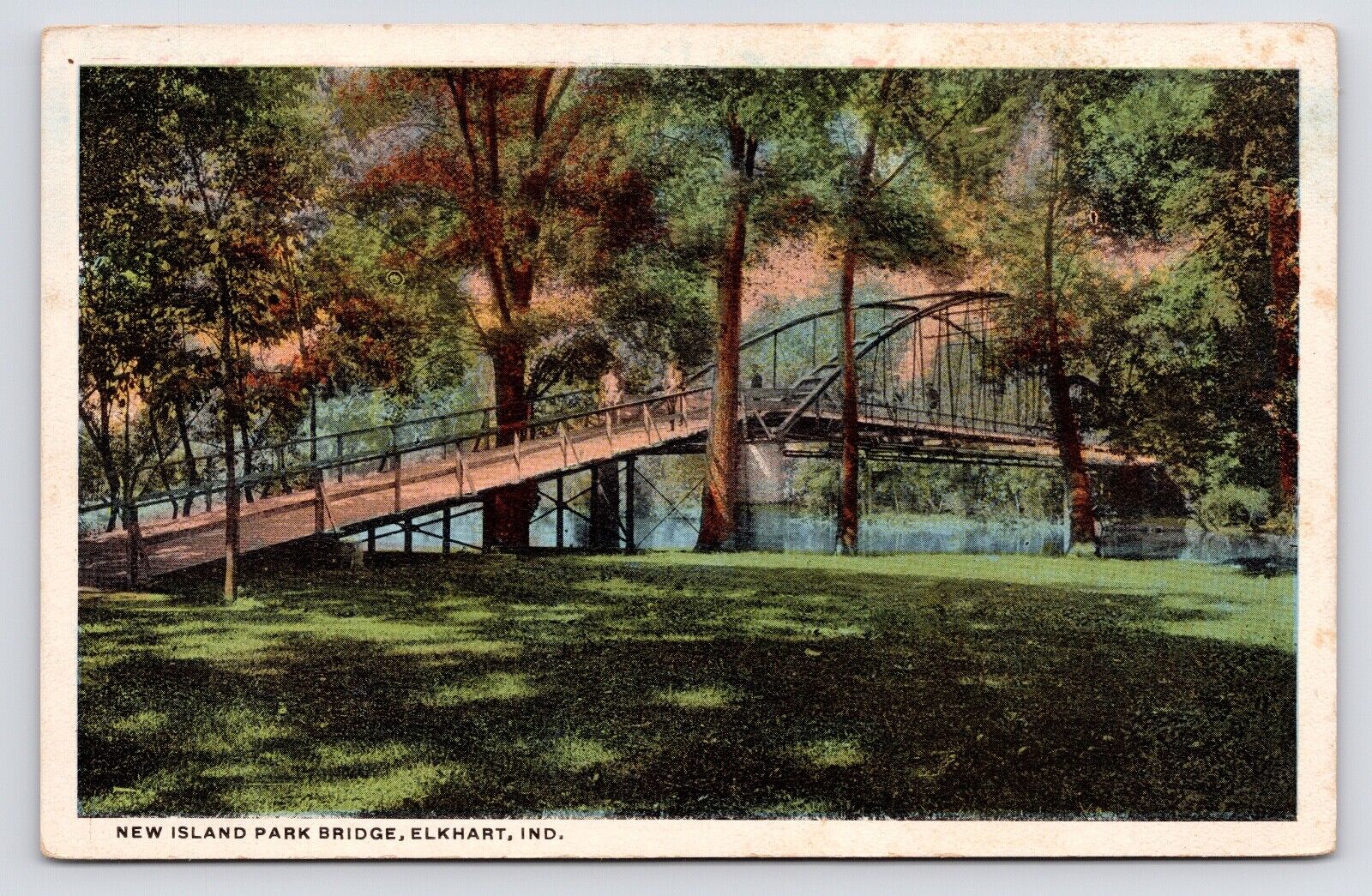 c1920s~Elkhart Indiana IN~Island Park~Bridge~Downtown~St. Joseph River~Postcard