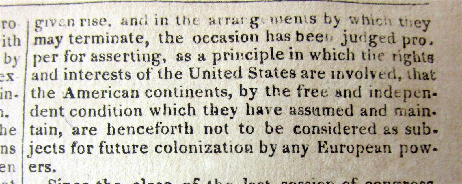 1823 newspaper RARE early printing of MONROE DOCTRINE in State of Union Speech