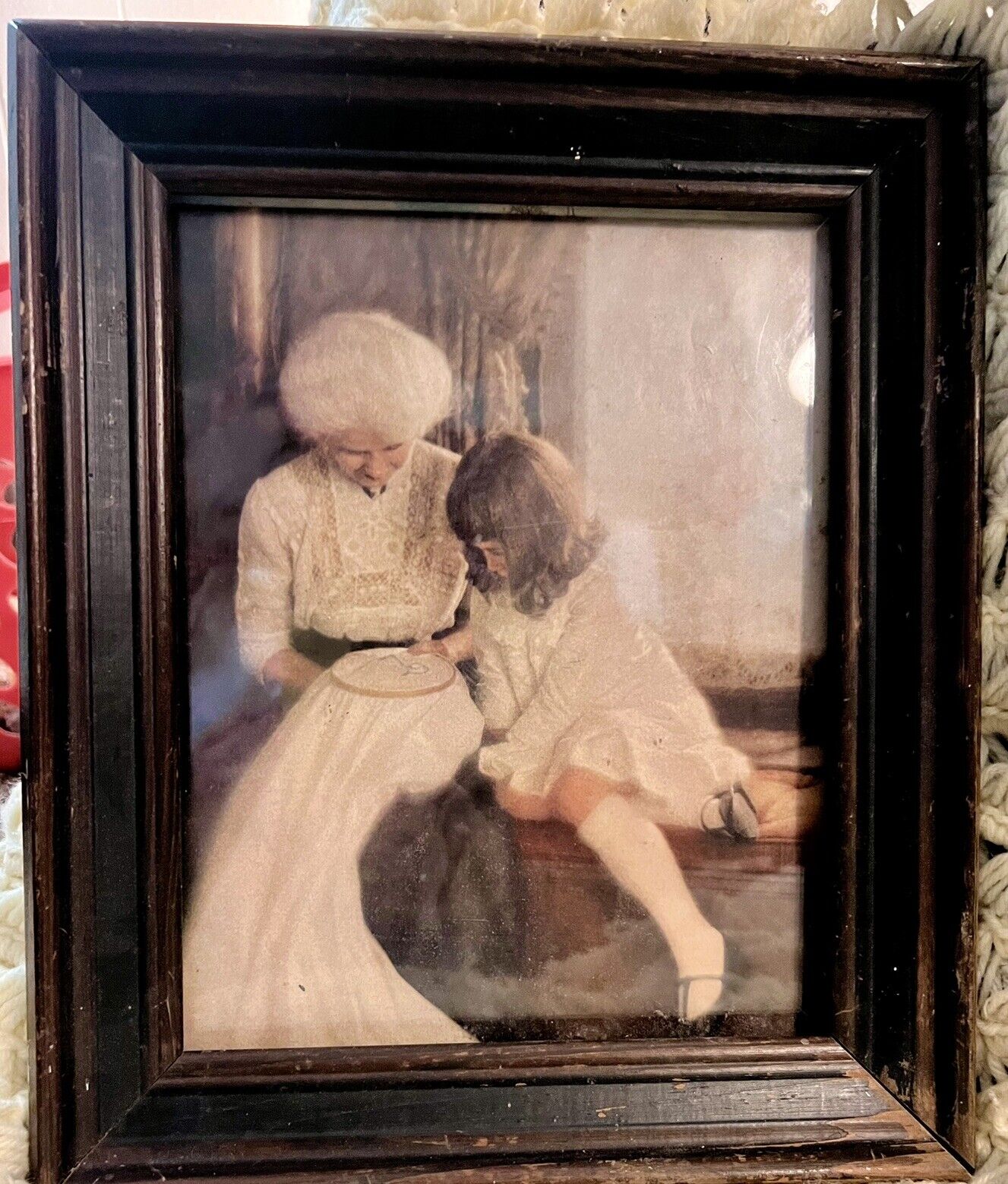 Antique Frame Vintage Art Print Grandmother / Child / Embroidery/ Solid Frame