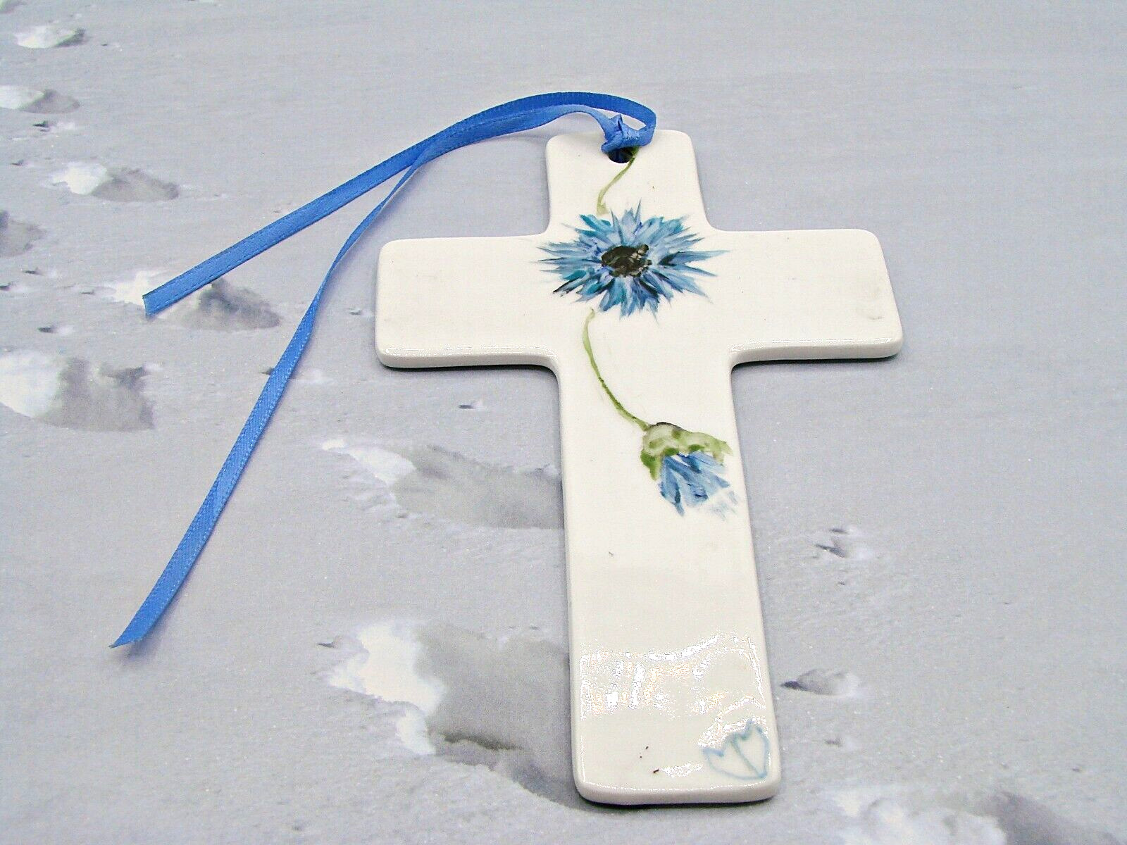 White Porcelain Hand Painted Cross Blue Floral Ornament Display Religious Decor