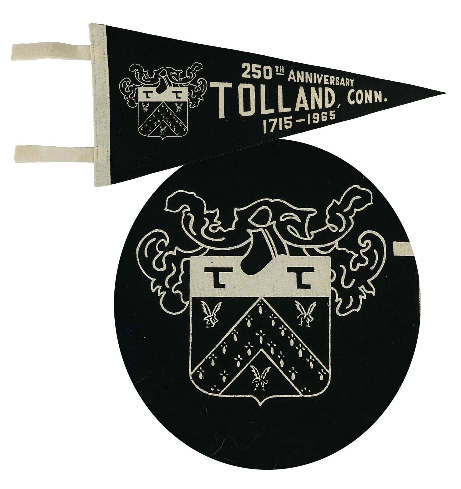 ⭐TOLLAND, CONN 250th Anniversary 1715-1965 Vintage Commemorative Green Pennant👀
