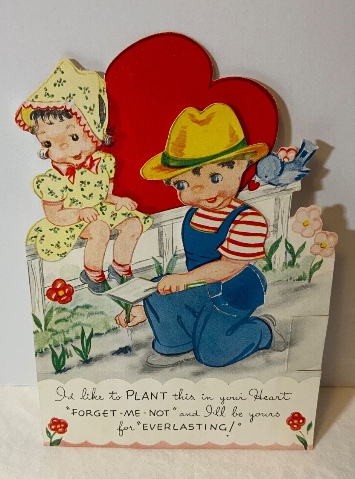 Vintage 1946 Die Cut Valentine Card Boy Mechanical Arm Planting Girl on Fence