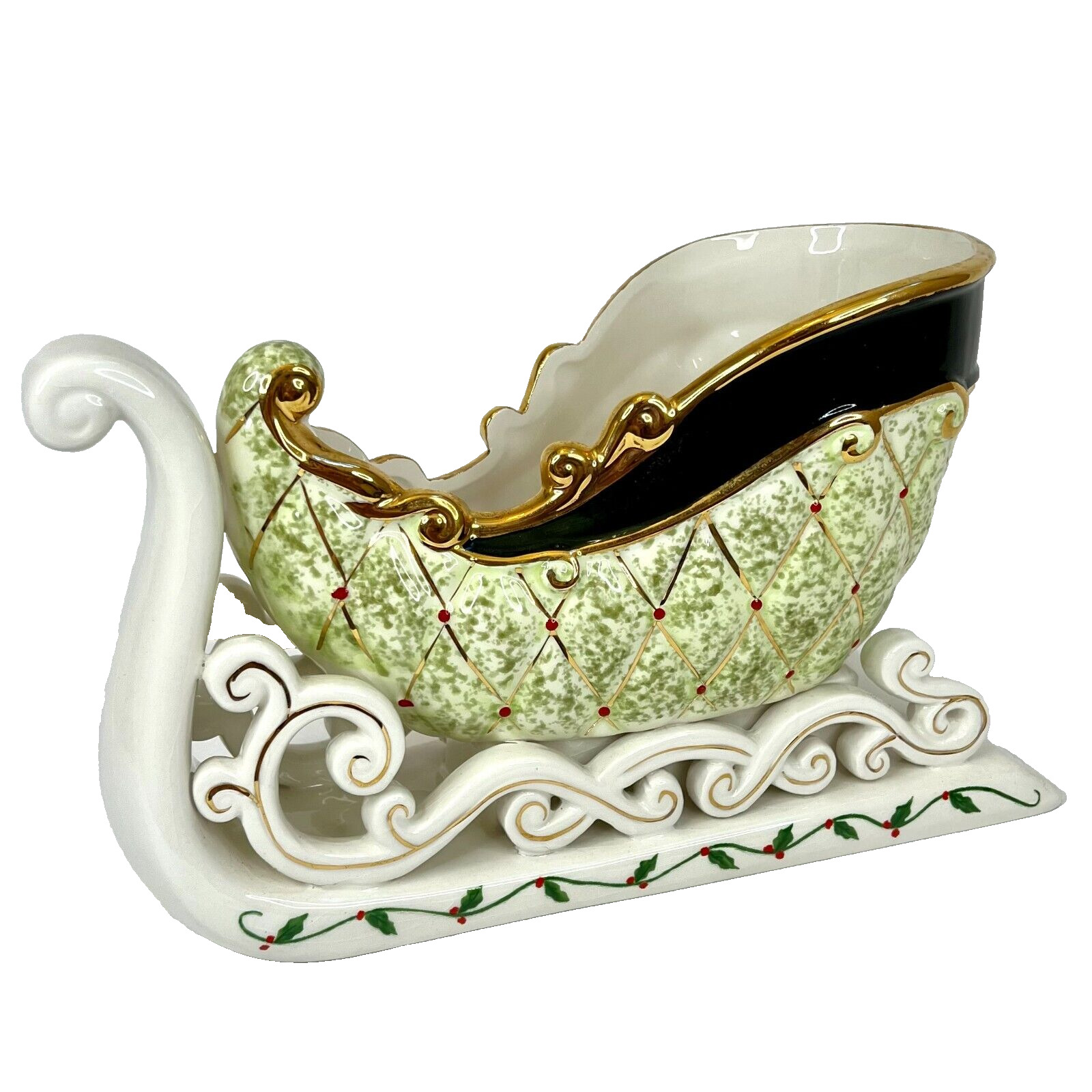 Christmas Sleigh Ceramic Green Gold White and Black with Holly Flowers Holiday