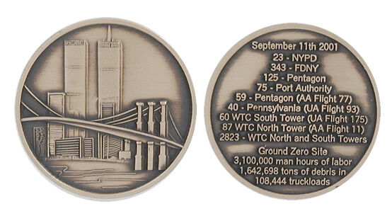 9-11 NEW YORK WTC MEMORIAL COIN FIRE POLICE FLIGHT 93 1.75\