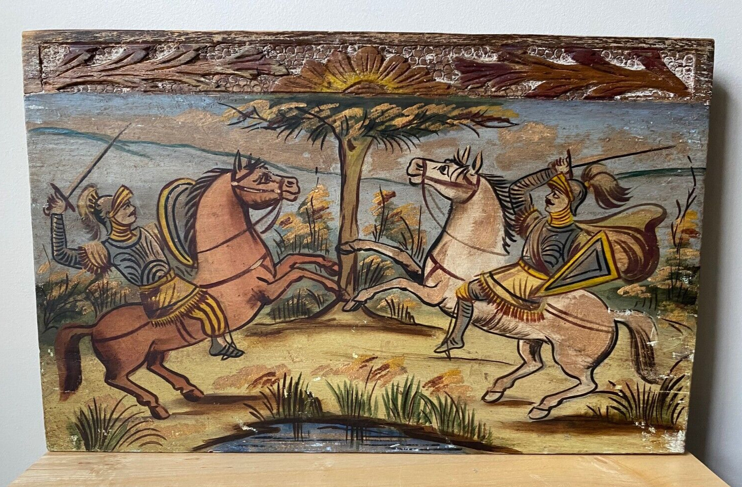 Vintage Painted Wood SICILIAN DONKEY CART PANEL Depicting Battling Knights