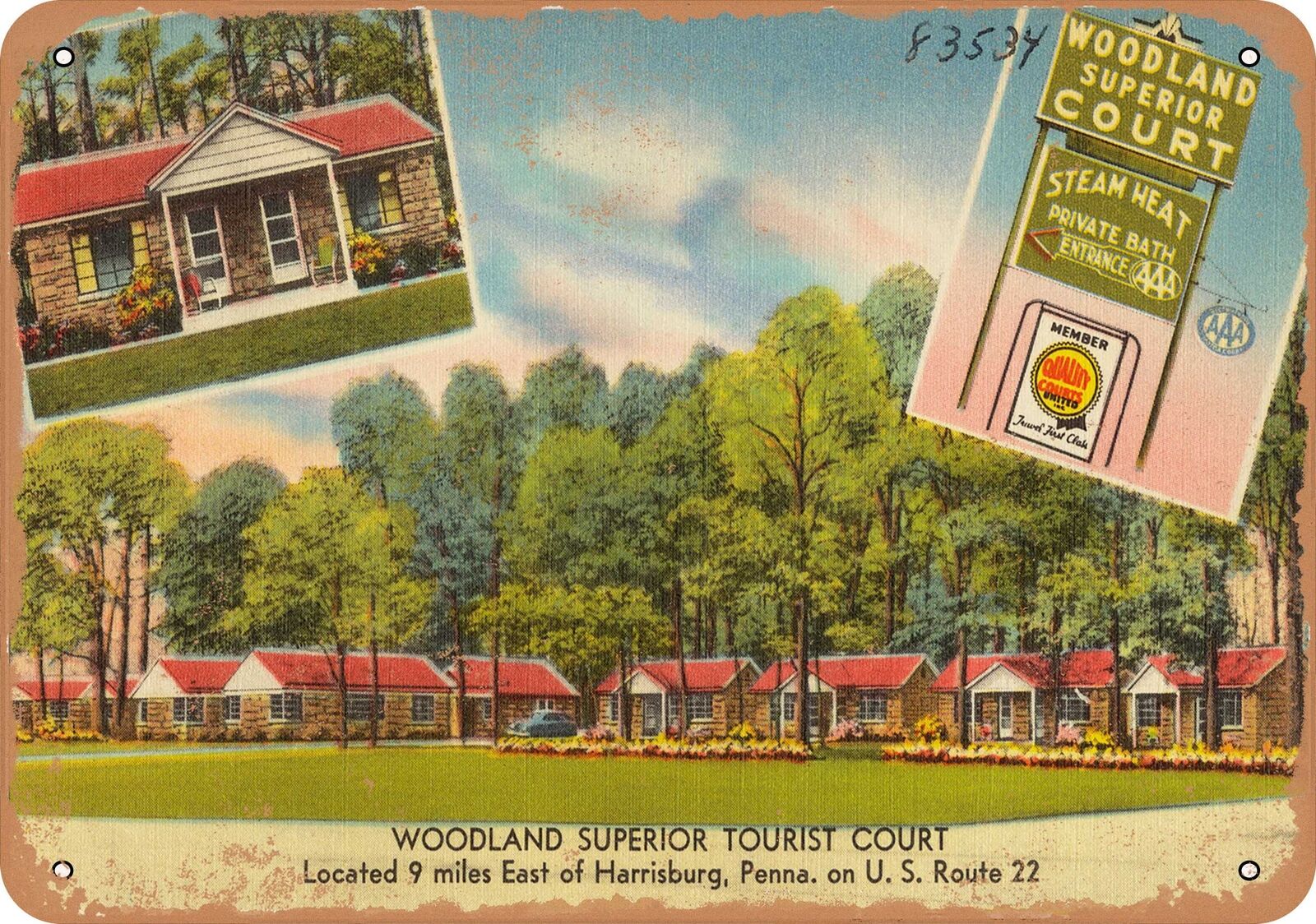Metal Sign - Pennsylvania Postcard - Woodland Superior Tourist Court, located 9