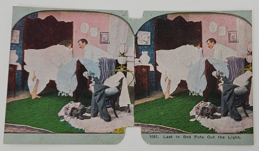 Victorian Stereograph Humorous~Last In Bed Turns Out The Light~Risque~Bedroom