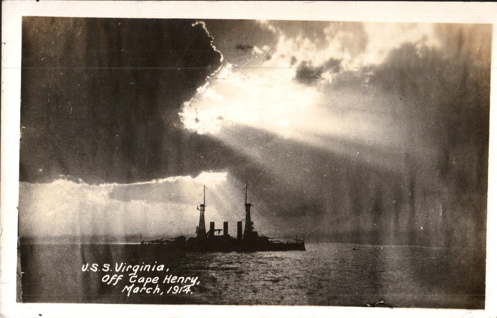 USS Virginia Off Cape Henry Virginia Real Photo March 1914 VINTAGE POSTCARD 1153