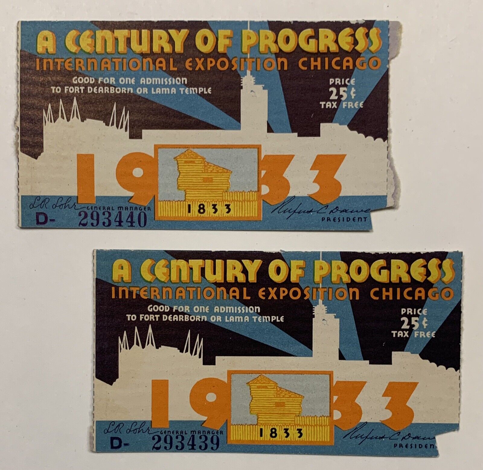 Two Ticket Stubs: 1933 CENTURY OF PROGRESS - International Exposition Chicago