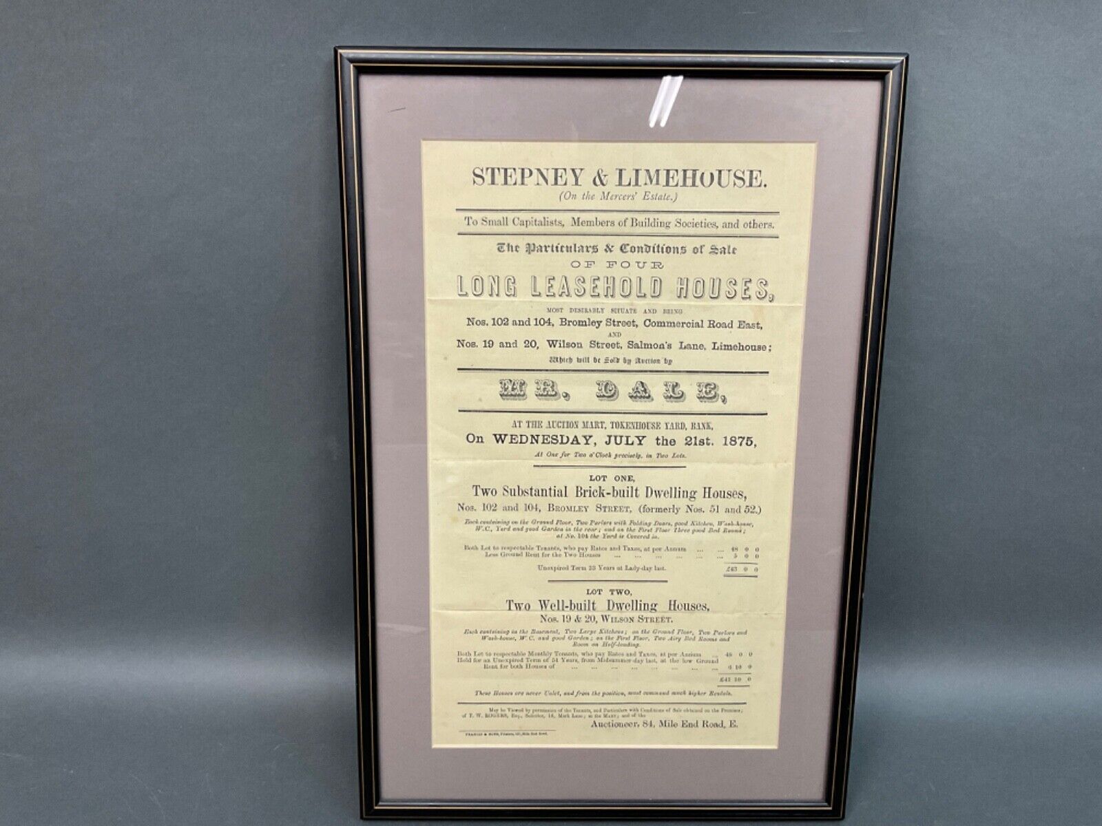 Original 1875 Broadside Poster for Auction Sale of 4 Dwellings House properties 