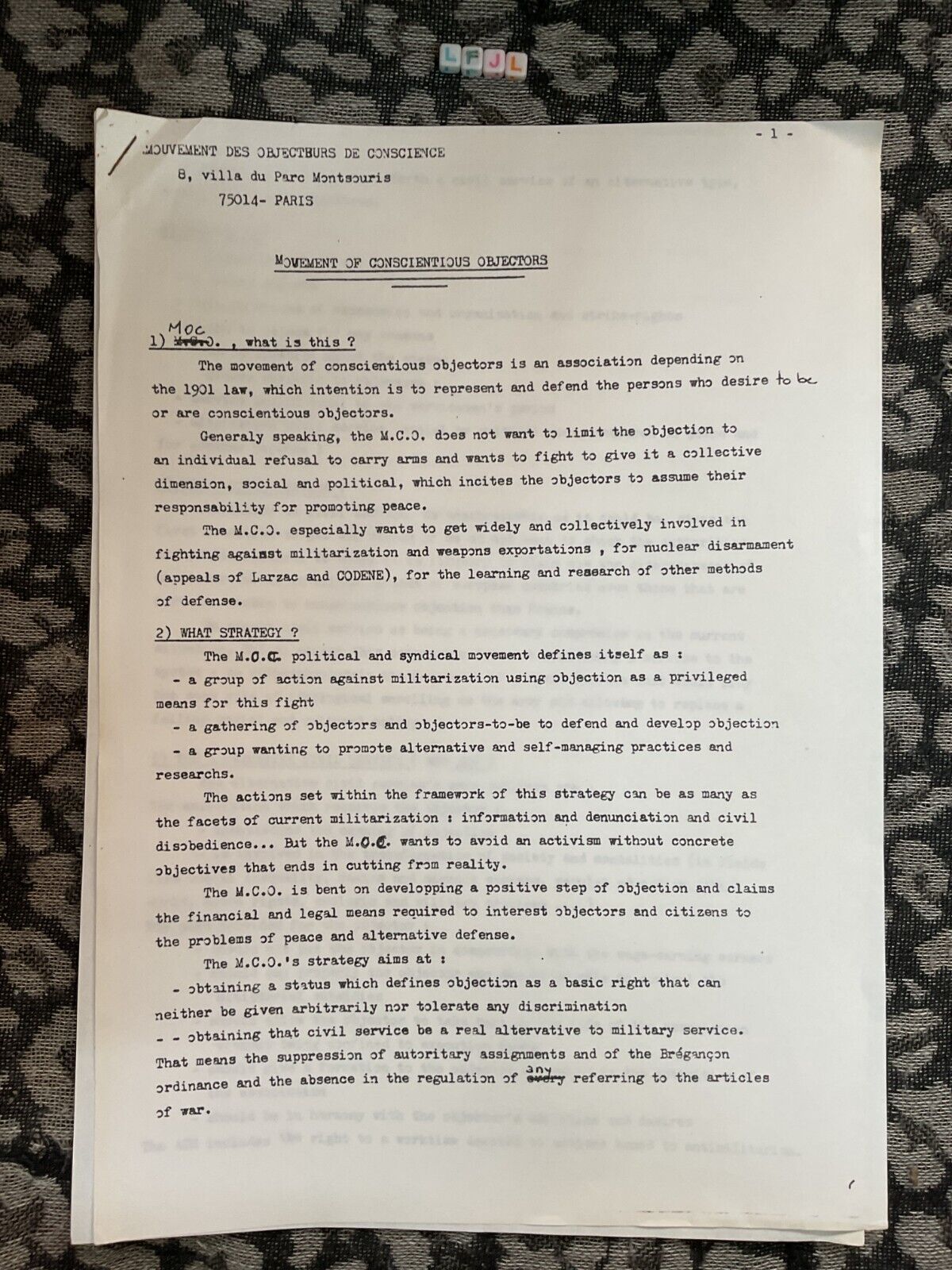 Vintage FRENCH MOVEMENT OF CONSCIENTIOUS OBJECTORS INFORMATION SHEETS Anti War