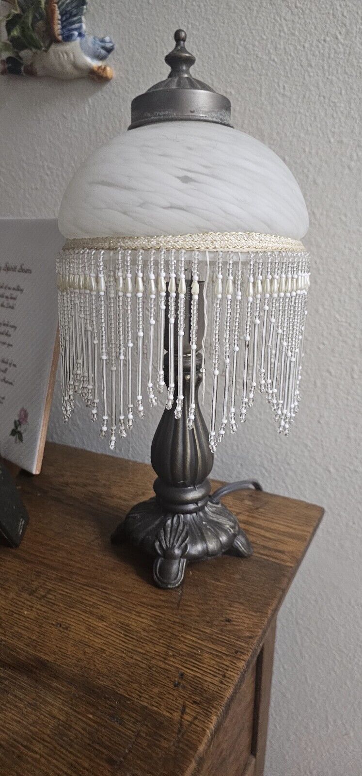 Cast Metal Lamp with Victorian Style Glass Beaded Shade