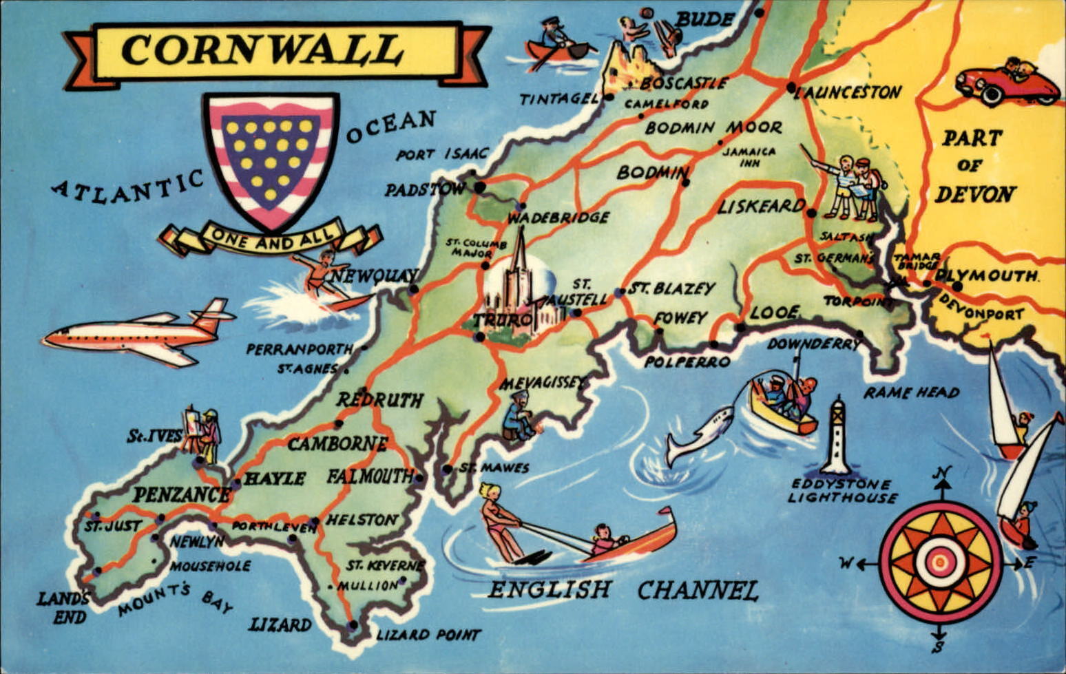 Penzance Cornwall Co England Map skiing fishing Eddystone lighthouse postcard