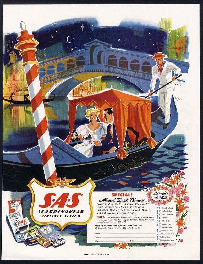 Venice Italy S.A.S. SCANDINAVIAN Airlines Ad 1955 Romantic Vacation Gondola