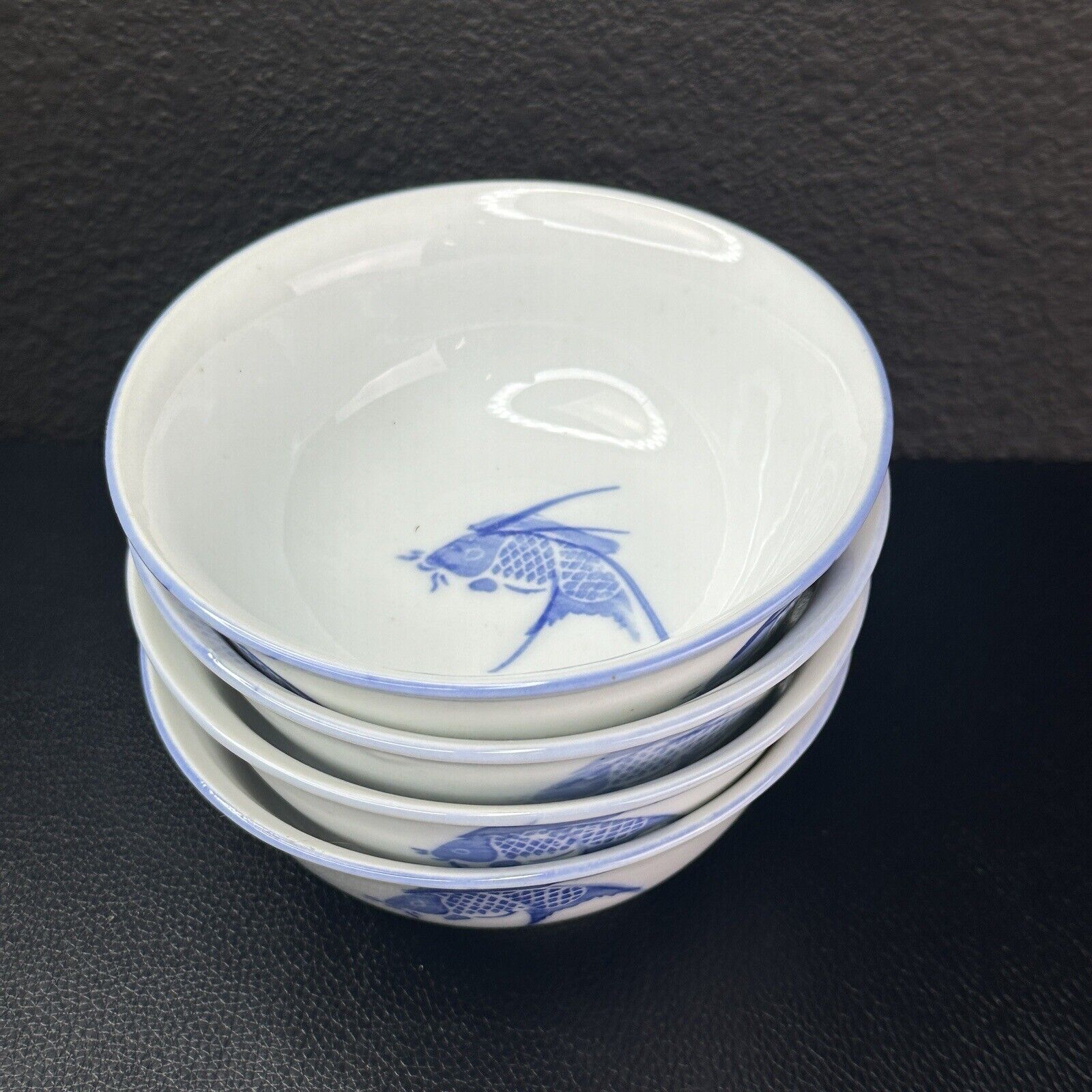 VTG Chinese Porcelain BLUE Koi Fish 5” Bowls SAUCE Rice SOUP Dessert Set Of 4