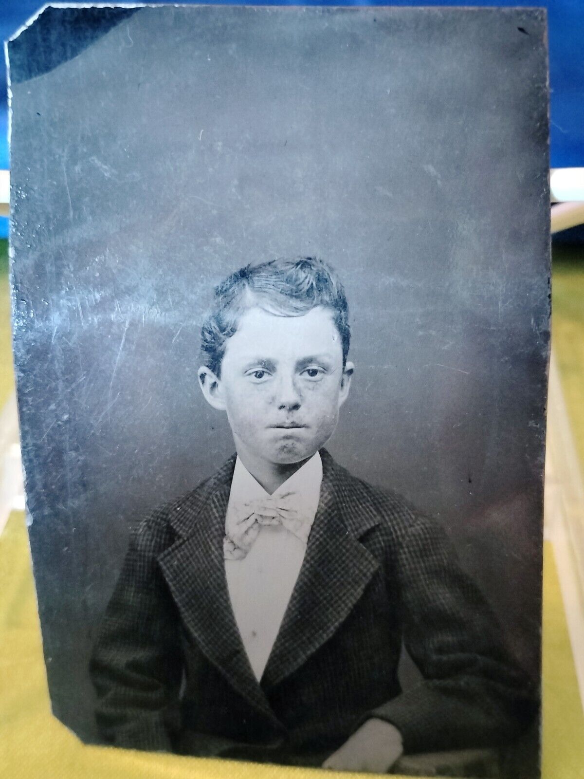 Antique Tin Type Portrait Photograph Young Man Jacket and Bow Tie Good Condition