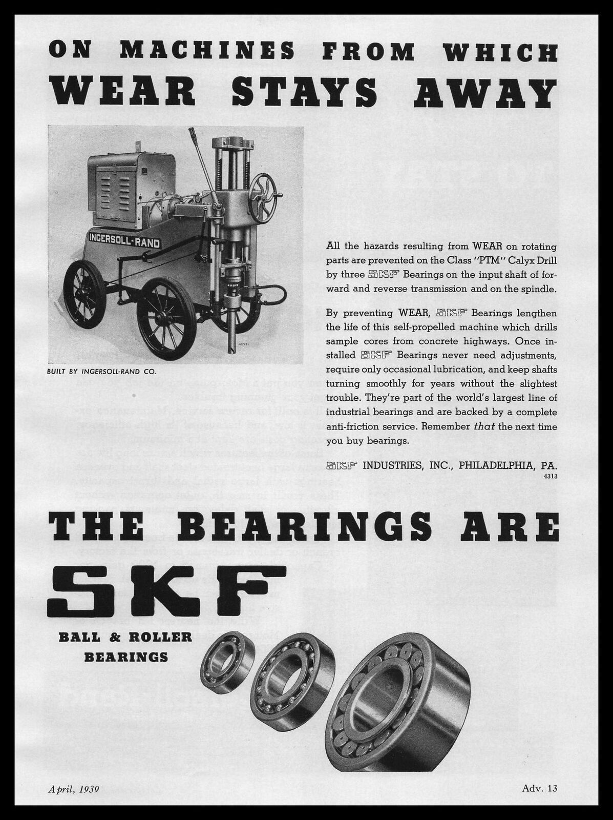 1939 SKF Bearings Pennsylvanania Ingersoll Rand Class PTM Calyx Drill Print Ad