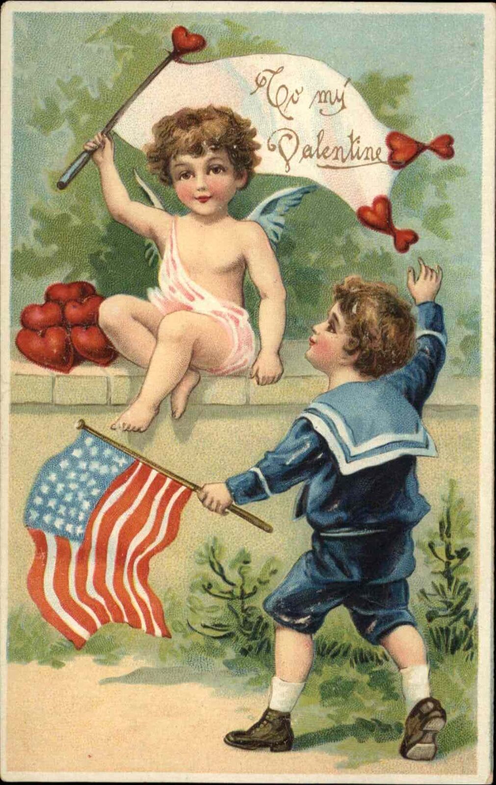 Patriotic Valentine Cupid Hearts Boy w/ American Flag c1910 Embossed Postcard