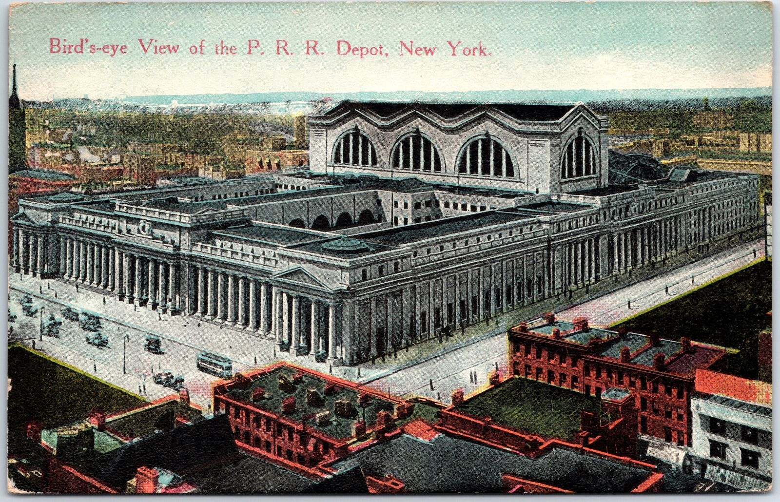 VINTAGE POSTCARD THE P.R.R. DEPOT AT NEW YORK MAILED ONBOARD U.S.S ARKANSAS 1913