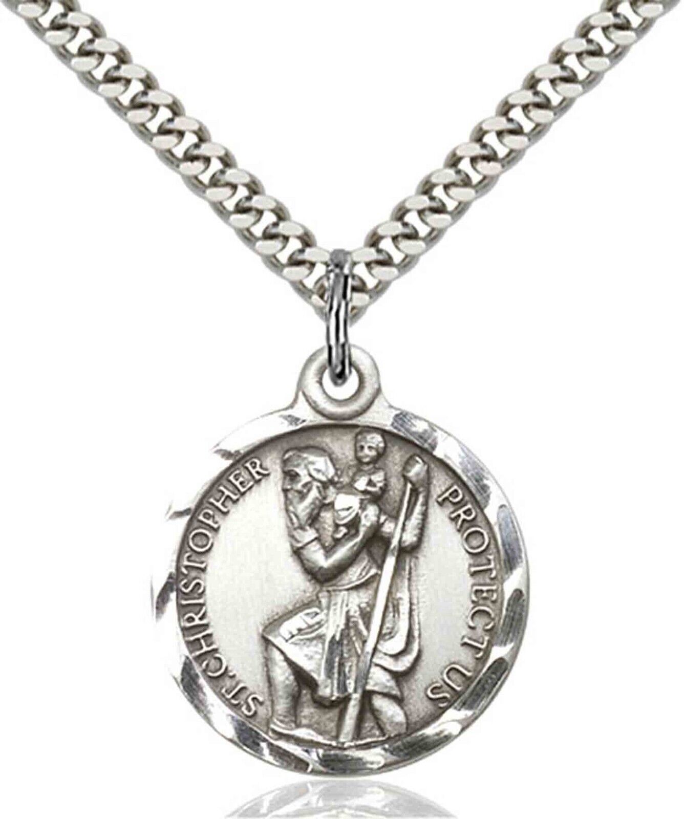 925 Sterling Silver St Saint Christopher Medal Round Pendant Necklace W/ Chain